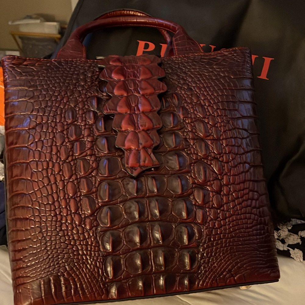 New PIJUSHI Burgundy Crocodile Embossed Leather Top Handle Bag